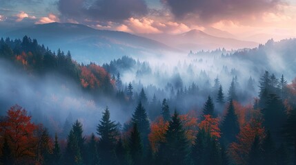 Majestic mountain landscape with misty forests and ethereal sky at dawn