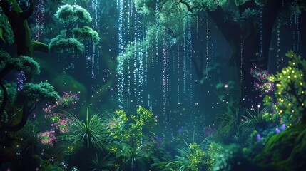 Surreal depiction of a forest where organic plants generate electrical energy, showcasing a lush, vibrant ecosystem