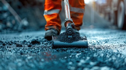 The worker is using a roller to smooth out the asphalt on the road.