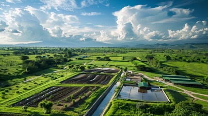 Fototapeta premium Panoramic view of a modern farm integrating animal waste management systems to improve soil health and boost agricultural productivity