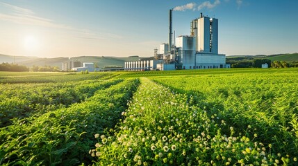 Panoramic view of a modern biomass power plant, surrounded by fields of biofuel crops, under a clear sky