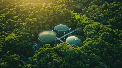 Integration of technology and nature with a biogas plant set against a backdrop of a dense, green forest, producing clean energy