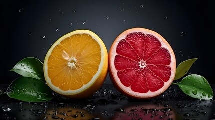 Fresh orange and grapefruit with water drops on a black background.