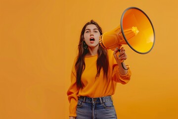 Picture a casually dressed businesswoman, her expression determined as she shouts through a megaphone, conveying a message with authority and confidence