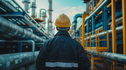 Rear view of an engineer in a hardhat and uniform inspecting the complex network of pipelines and racks at a petroleum facility