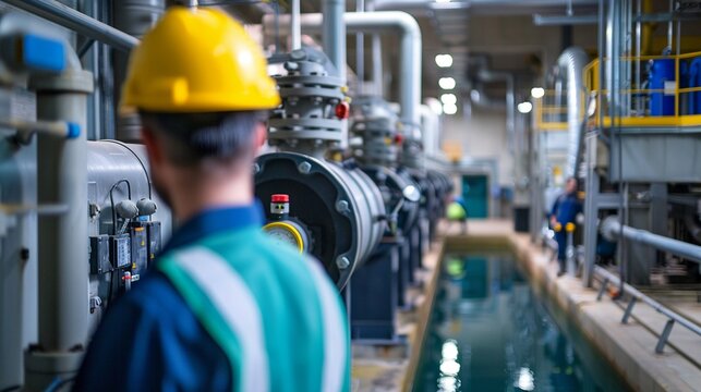 Service engineer conducting a routine inspection in a wastewater treatment environment surrounded by complex pump systems and water treatment machinery
