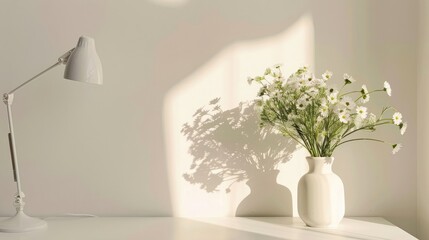 Minimalistic interior decor flower arrangement in a ceramic vase and white metal table lamp on a white table