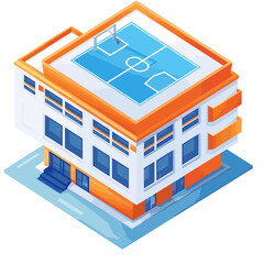 isometric building with a green soccer field on the top