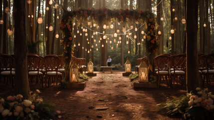 Boho-chic wedding venue set in a forest clearing, with macrame decorations and fairy lights,