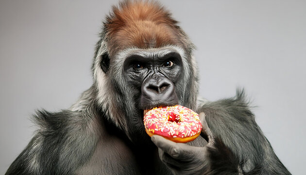 Primate Delight: Gorilla Indulging in Doughnuts