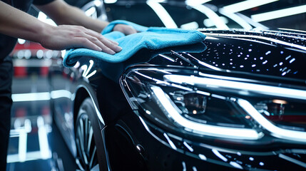 A persons hand carefully wiping a high gloss black car with a microfiber cloth emphasizing the care in automotive detailing