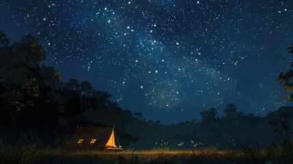 Nestled beneath a dark starry sky a single tent exudes a sense of calm and seclusion inviting...