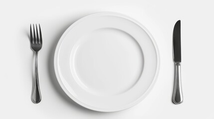 White plate with a fork and knife on each side, set against a pure white background