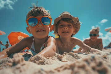 Children boy and girl playing on the beach on summer holidays. Children having fun with a sand on the seashore. Vacation concept. Happy sunny day