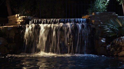 modern waterfall wall at night, home garden