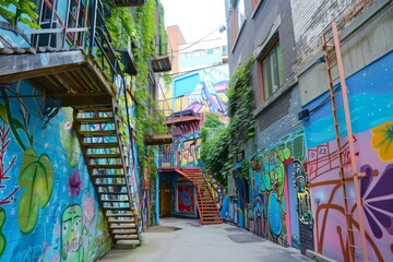 Fototapeta premium Picture a hidden alleyway filled with colorful street art, with vibrant murals adorning the walls and ivy-covered fire escapes adding, Generative AI