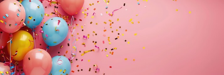 colorful balloons and streamers, on a pink background 