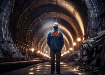 an engineer, dressed in a jacket, standing confidently in a dim underground tunnel within the city, with a radiant glow emanating from the end of the corridor. - Powered by Adobe