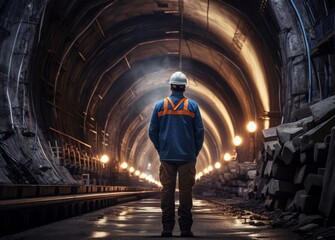 an engineer, dressed in a jacket, standing confidently in a dim underground tunnel within the city,...