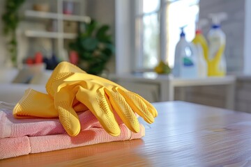 Cleaning supplies like gloves on the table