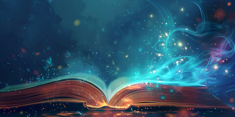 Magic fantasy glowing book on dark background Open magic book with galaxy milky way stars other dimension cloud space fantasy