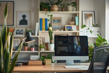 close up minimalistic Clean and tidy workspace with soft background with organized desk and shelves