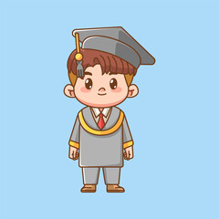 Cute boy graduation standing kawaii chibi character mascot illustration outline style design
