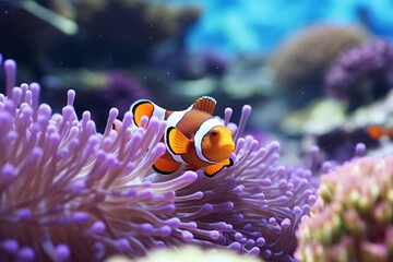 Tropical fish swim in colorful underwater world with coral reef and anemone