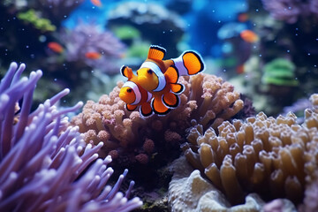 Underwater Life: Clownfish in Aquarium, Anemone, and Reef