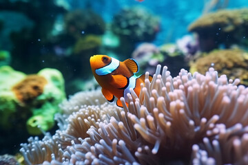 Colorful Clownfish Swimming Among Coral in the Tropical Ocean Depths