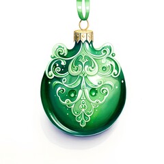 Fototapeta premium Green glass Christmas ball isolated on white background. Watercolor illustration.