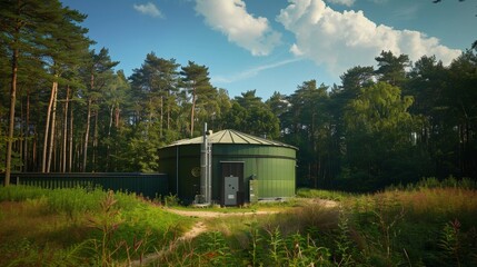 Eco-friendly energy production at a biogas plant located in a forest, focusing on the conversion of biomass into electrical power