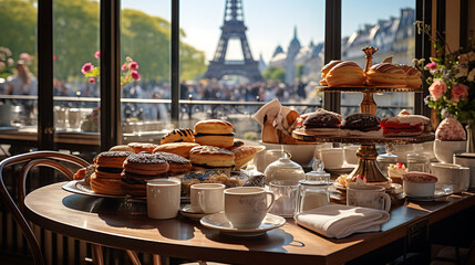 Chic Parisian caf?(C) with sidewalk seating, fresh pastries on display, and a view of the Eiffel Tower,