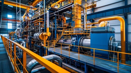 Detailed view of the machinery inside a biomass power plant, where organic waste is turned into electrical energy, under bright industrial lighting