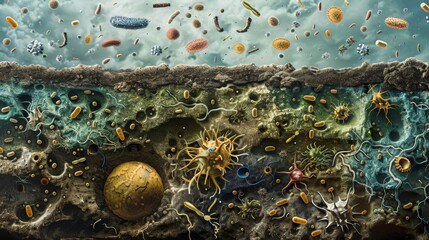 Detailed scientific illustration of microorganisms in action within soil, highlighting the decomposition of organic material