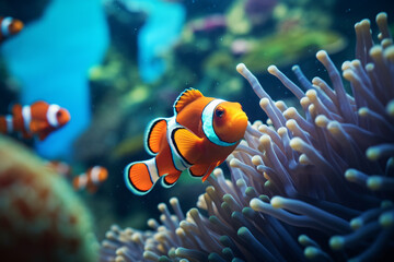 Underwater scene with colorful fish swimming among coral reefs and anemones in a tropical aquarium