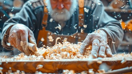 Obraz premium Craftsman smoothing a wooden toy surface with sandpaper, tools and wood shavings all around, hands close up