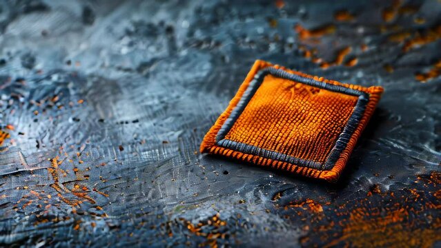 Orange fabric swatch with textured pattern on dark, gritty surface