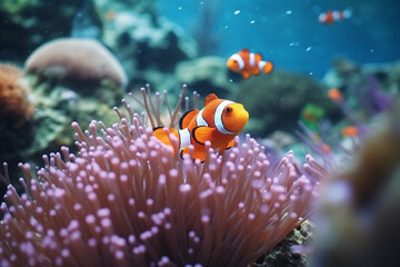 Fish swimming in aquarium and on reef