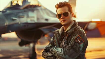Man in pilot attire stands confidently front of fighter jet at sunset