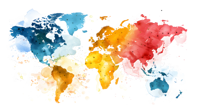 High detailed Multicolor Watercolor World Map Illustration with border son white and transparent background, Side View.