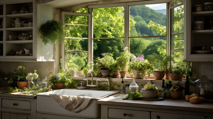 Classic French country kitchen with a farmhouse sink and herb garden window,