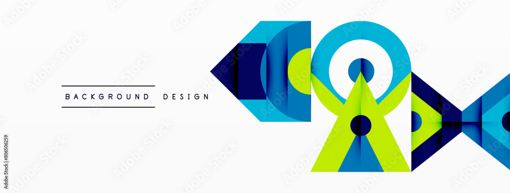 Poster A logo with a symmetrical blue and green geometric pattern featuring triangles, rectangles, circles, and parallel lines surrounding a keyhole design in electric blue