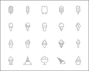 Set of Ice cream and popsicle Icons line style. Contains such Icons as dessert, cone, waffle, vanilla, yammy, soft, stick, scoop And Other Elements.