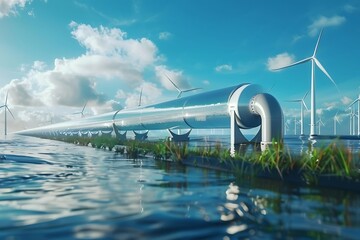 Hydrogen pipeline with wind turbines in the background.