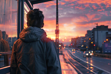 A man is standing at a bus stop, looking out at the sunset. The sky is a deep orange, and the city lights are beginning to twinkle in the distance.