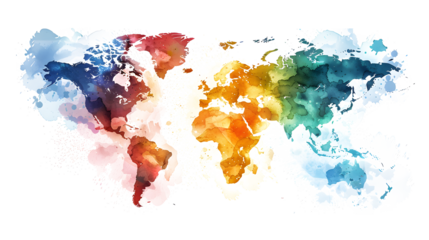 High detailed Multicolor Watercolor World Map Illustration with border son white and transparent background, Side View.