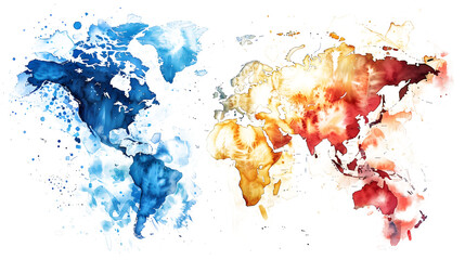 High detailed Multicolor Watercolor World Map Illustration with border son white and transparent background, Side View.