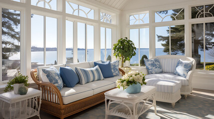 Classic New England sunroom with wicker furniture, blue and white decor, and ocean views,