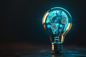 A light bulb with a glowing blue world map inside it.